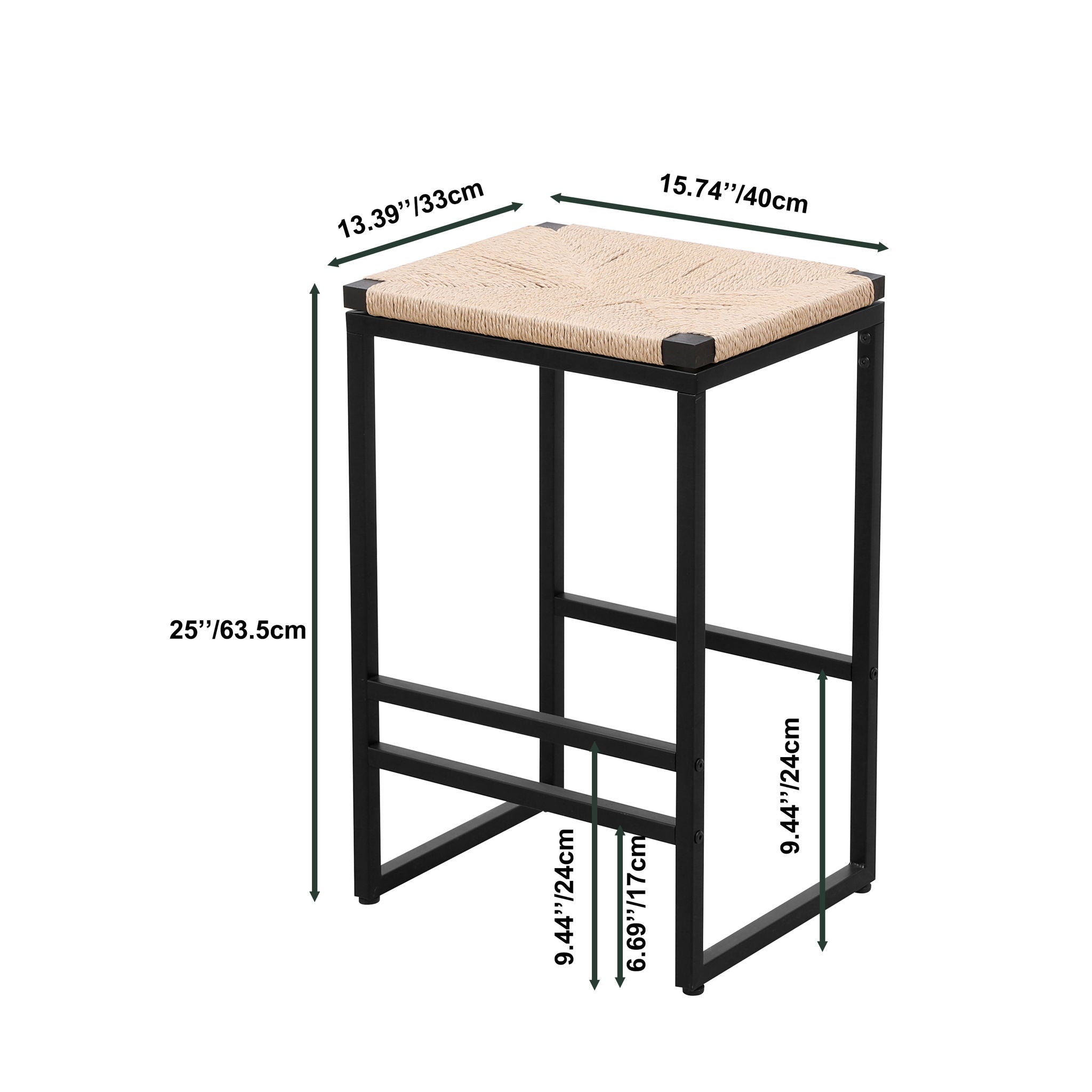 Boho Style Backless Bar Stools (Set of 2) With Paper Rope Woven Seat &amp; Metal Frame For Kitchen Counter