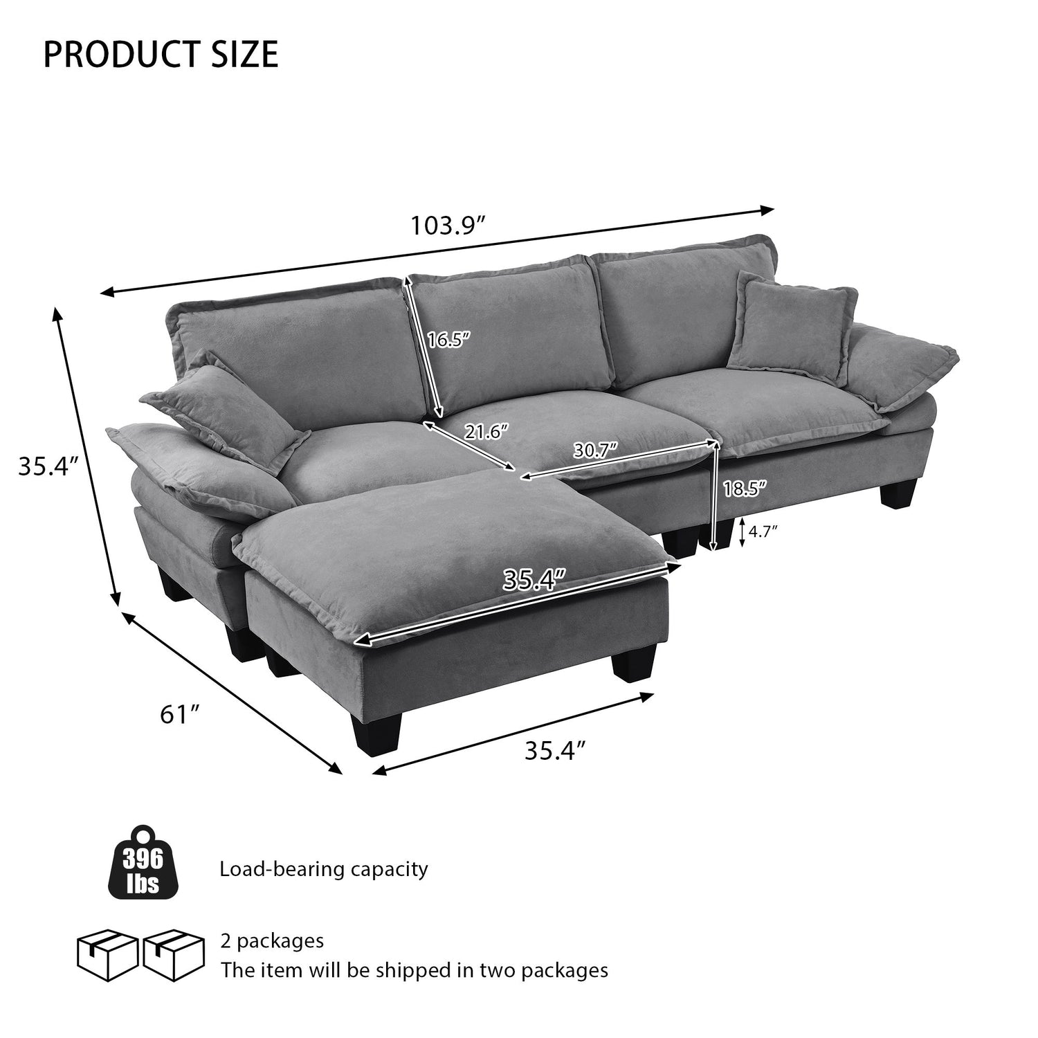 Modular Sectional Sofa With Movable Ottoman &amp; Pillows