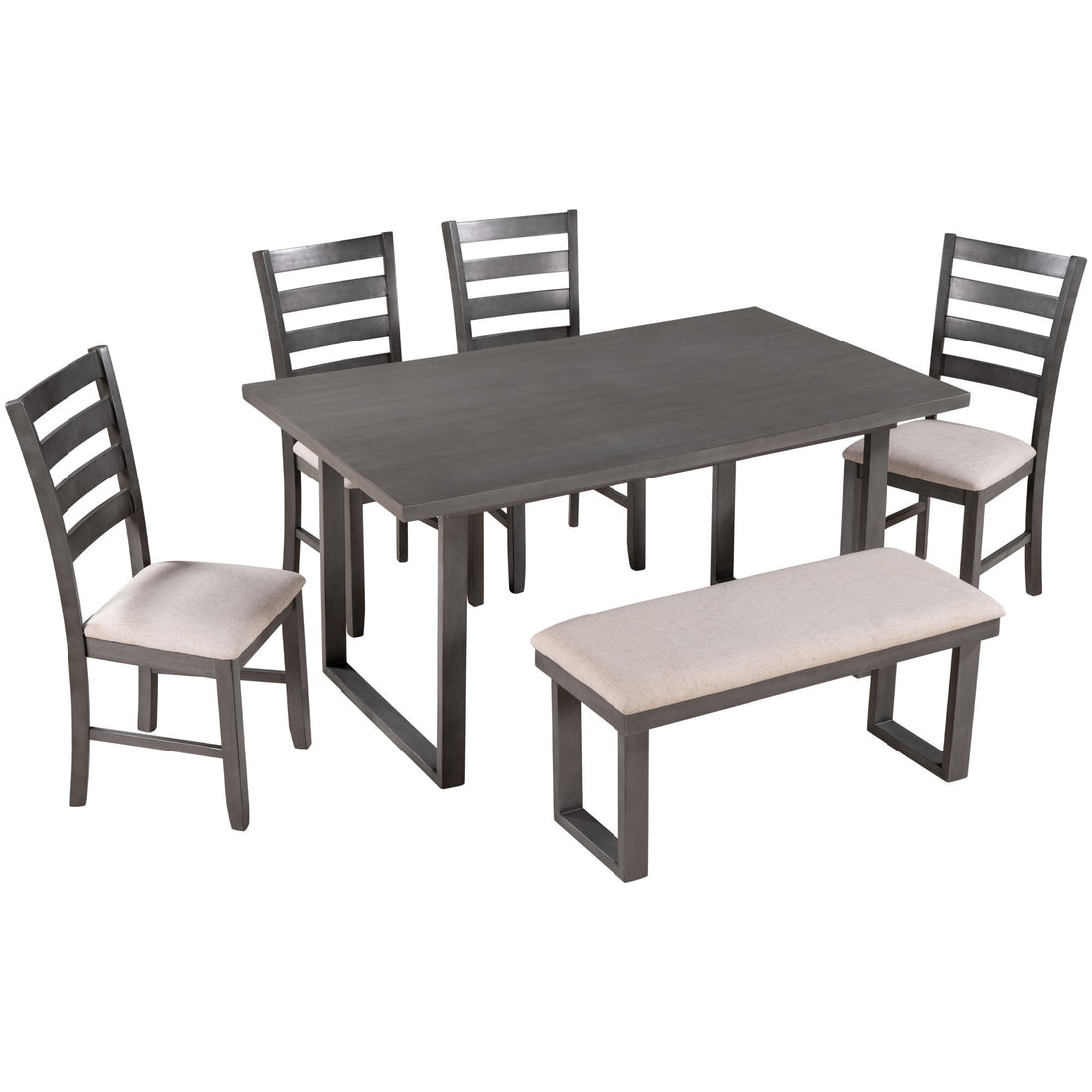 6 Pieces Family Furniture, Solid Wood Dining Room Set With Rectangular Table &amp; 4 Chairs With Bench - Gray