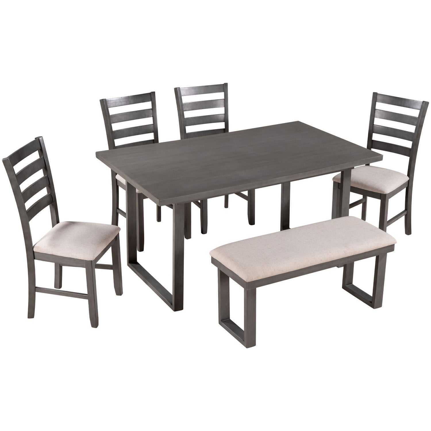 6 Pieces Family Furniture, Solid Wood Dining Room Set With Rectangular Table &amp; 4 Chairs With Bench - Gray