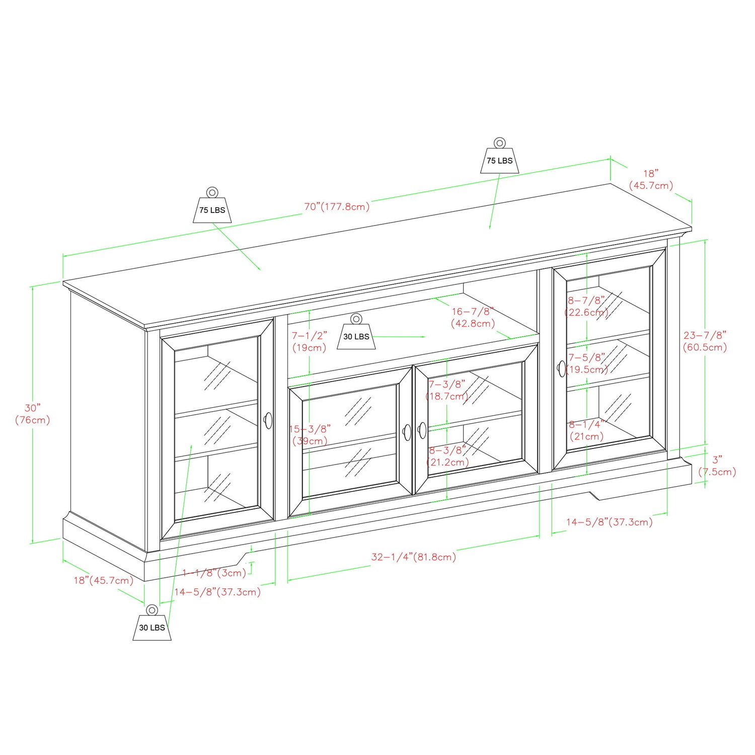 Transitional Classic 70&quot; TV Stand For 80&quot; TVs With 4 Glass Doors