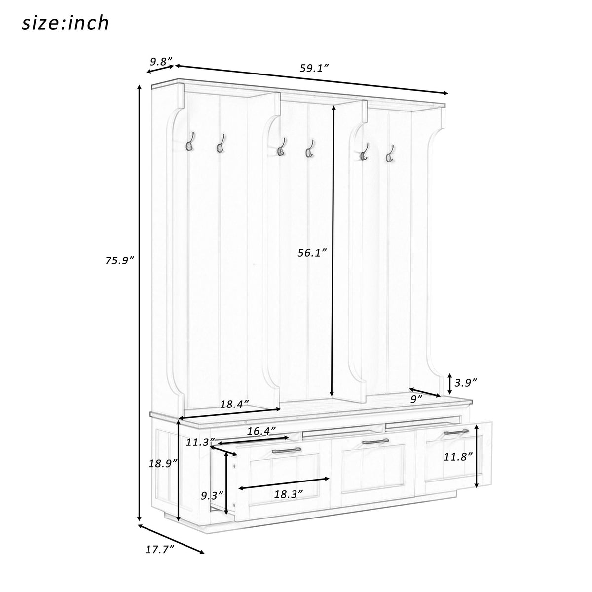 Hall Tree With Bench And Shoe Storage, 3 Large Drawers, Open Storage Shelves &amp; Hooks