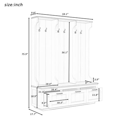 Hall Tree With Bench And Shoe Storage, 3 Large Drawers, Open Storage Shelves &amp; Hooks