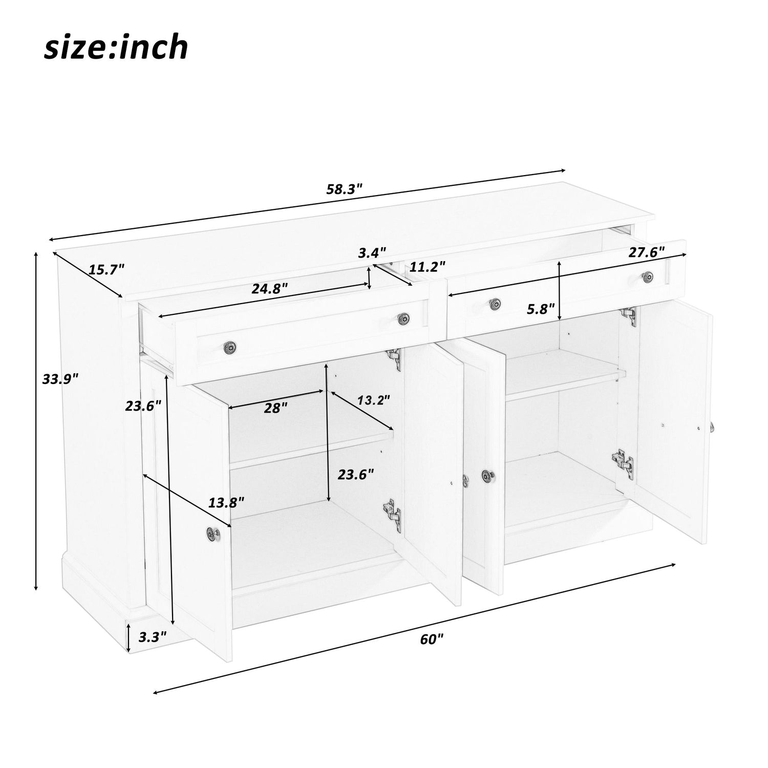 Kitchen Sideboard Storage Buffet Cabinet With 2 Drawers &amp; 4 Doors Adjustable Shelves For Dining Room, Living Room