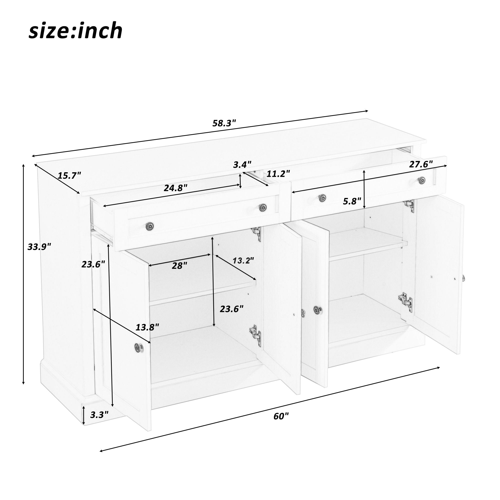 Kitchen Sideboard Storage Buffet Cabinet With 2 Drawers &amp; 4 Doors Adjustable Shelves For Dining Room, Living Room