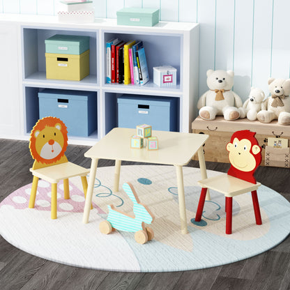 Kids Table And 2 Chairs Set, 3 Pieces Toddler Table And Chair Set, Wooden Activity Play Table Set (Lion&amp;Monkey) - Natural