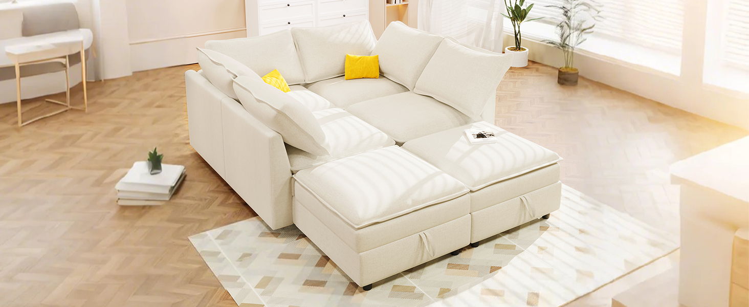 Versatile 6 Piece Modular Sofa Bed With Storage, Stylish Faux Double Layer Cushions, Comfortable &amp; Durable Design, Perfect For Any Living Space