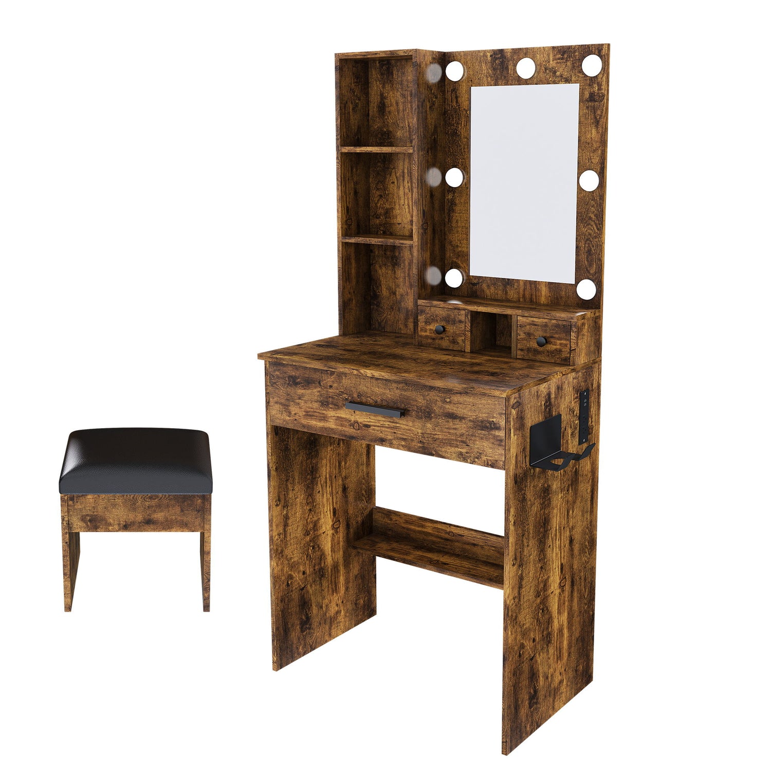 Vanity Table With Mirror, Adjustable LED Lights, Power Outlet, Hairdryer Holder &amp; Stool