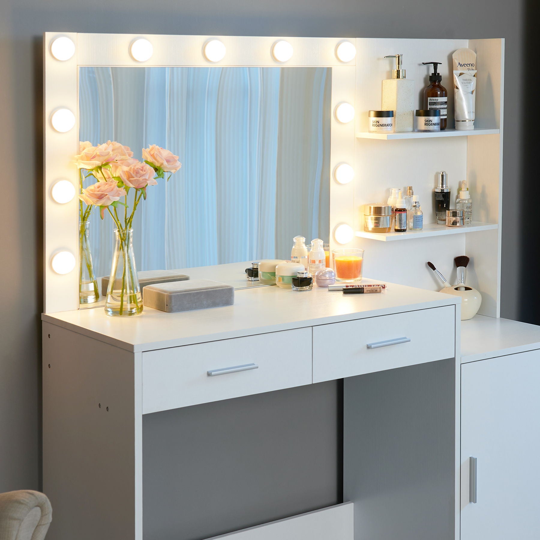 Vanity Desk With Mirror And Lights, 46.4In Dressing Table With 2 Large Drawer &amp; Large Vertical Organizer, 3 Level Dresser &amp; 3 Lighting Modes Adjustable Brightness, Suitable For Bedroom