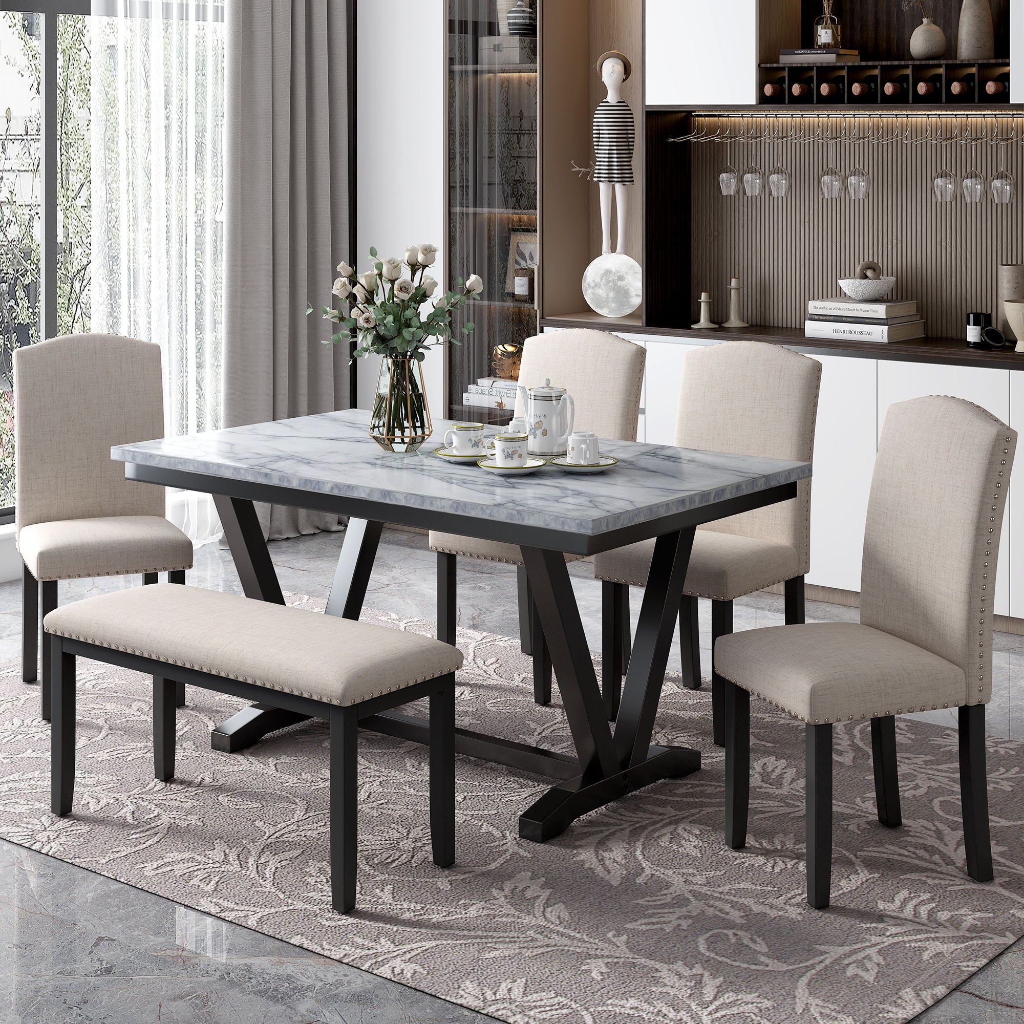 6 Piece Dining Table Modern Style With 4 Chairs &amp; 1 Bench, Table With Marbled Veneers Tabletop And V-Shaped Table Legs - White