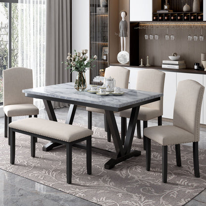 6 Piece Dining Table Modern Style With 4 Chairs &amp; 1 Bench, Table With Marbled Veneers Tabletop And V-Shaped Table Legs - White