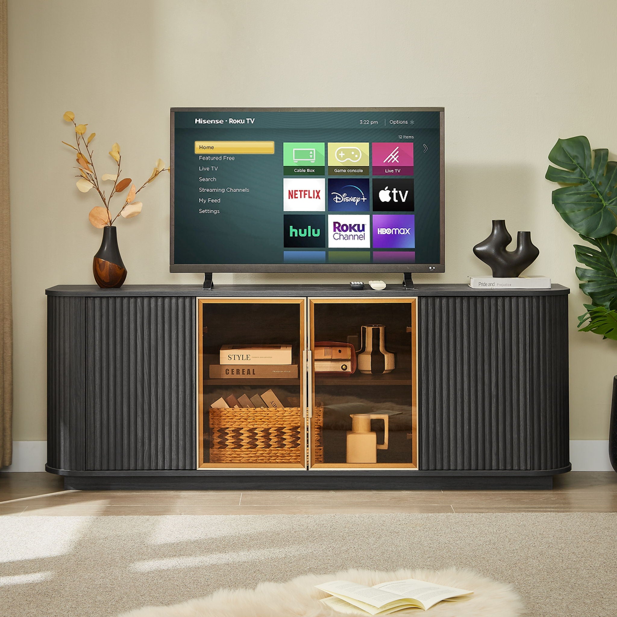 Modern 64&quot; Wavy TV Cabinet With LED Lights - Black