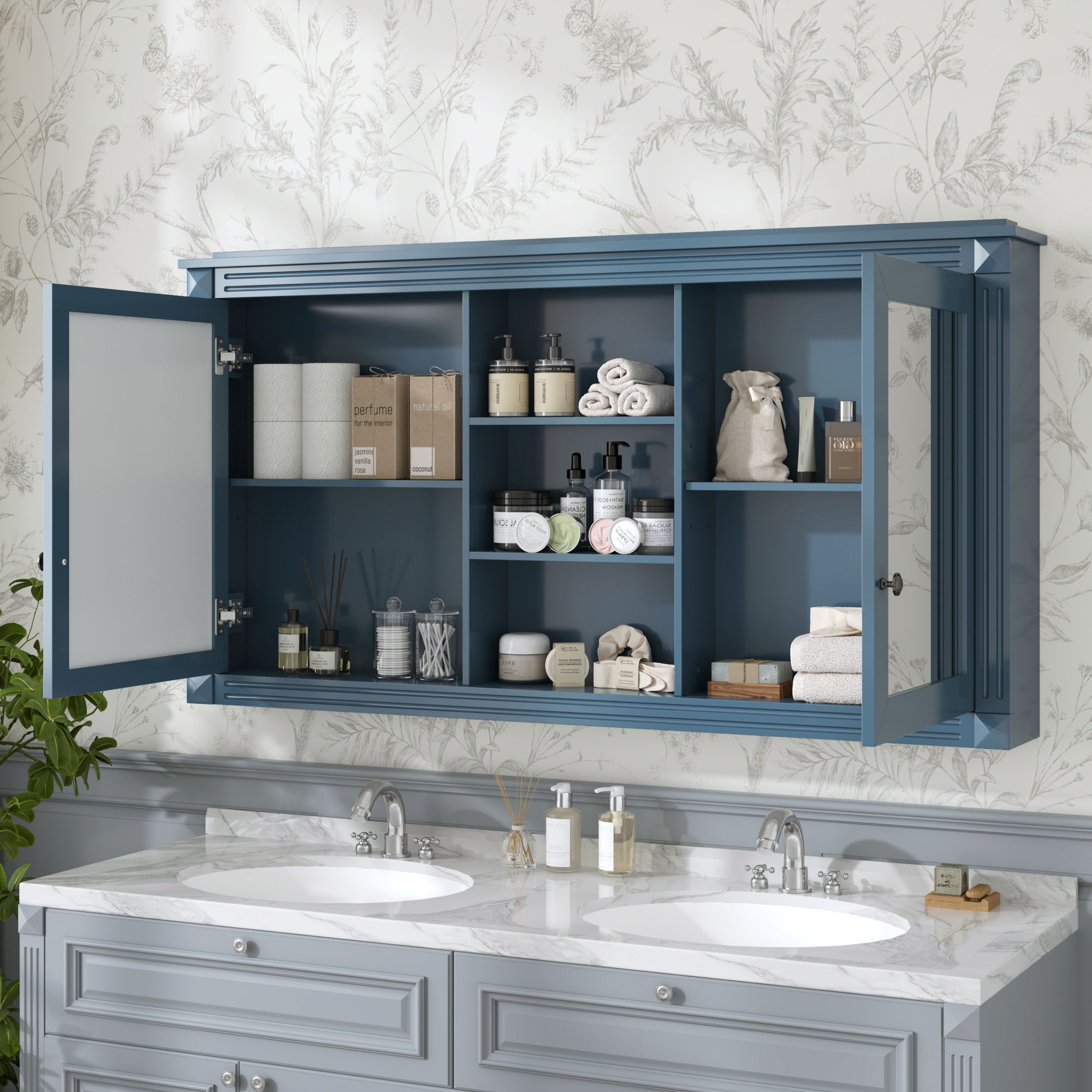 Modern Wall-Mount 2 In 1 Mirror Cabinet With Adjustable Shelves, Soft-Closing Hinges