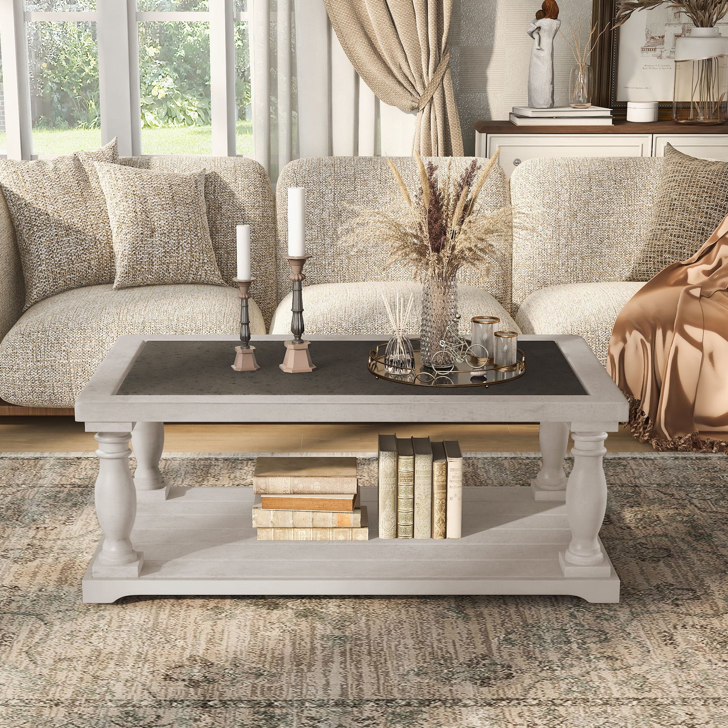 Farmhouse Rectangular Coffee Table With 2 Tiers