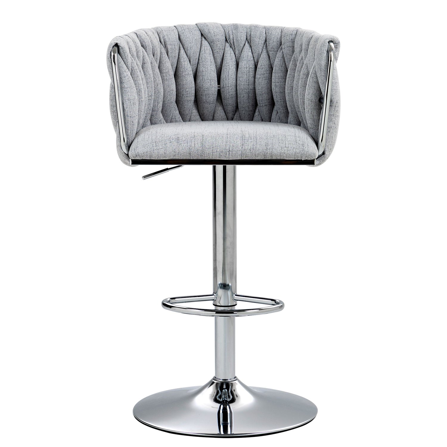 360 Degree Swivel Bar Stools Adjustable Counter Height Bar Chairs With Woven Back &amp; Footrest, Silver Chromed Bar Stools For Kitchen Island (Set of 2) - Gray