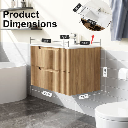 30&quot; Wall Mounted Bathroom Vanity With Sink, Soft Close System, And Spacious Drawers - Walnut