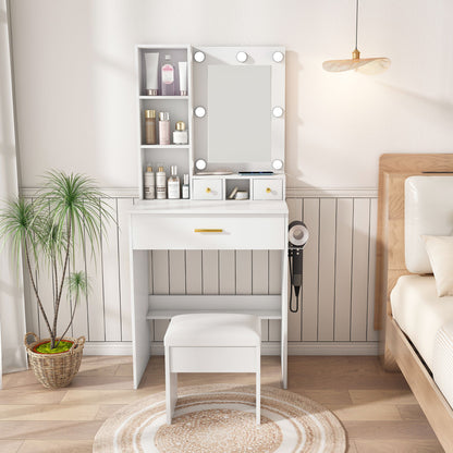 Vanity Table With Mirror, Adjustable LED Lights, Power Outlet, Hairdryer Holder &amp; Stool