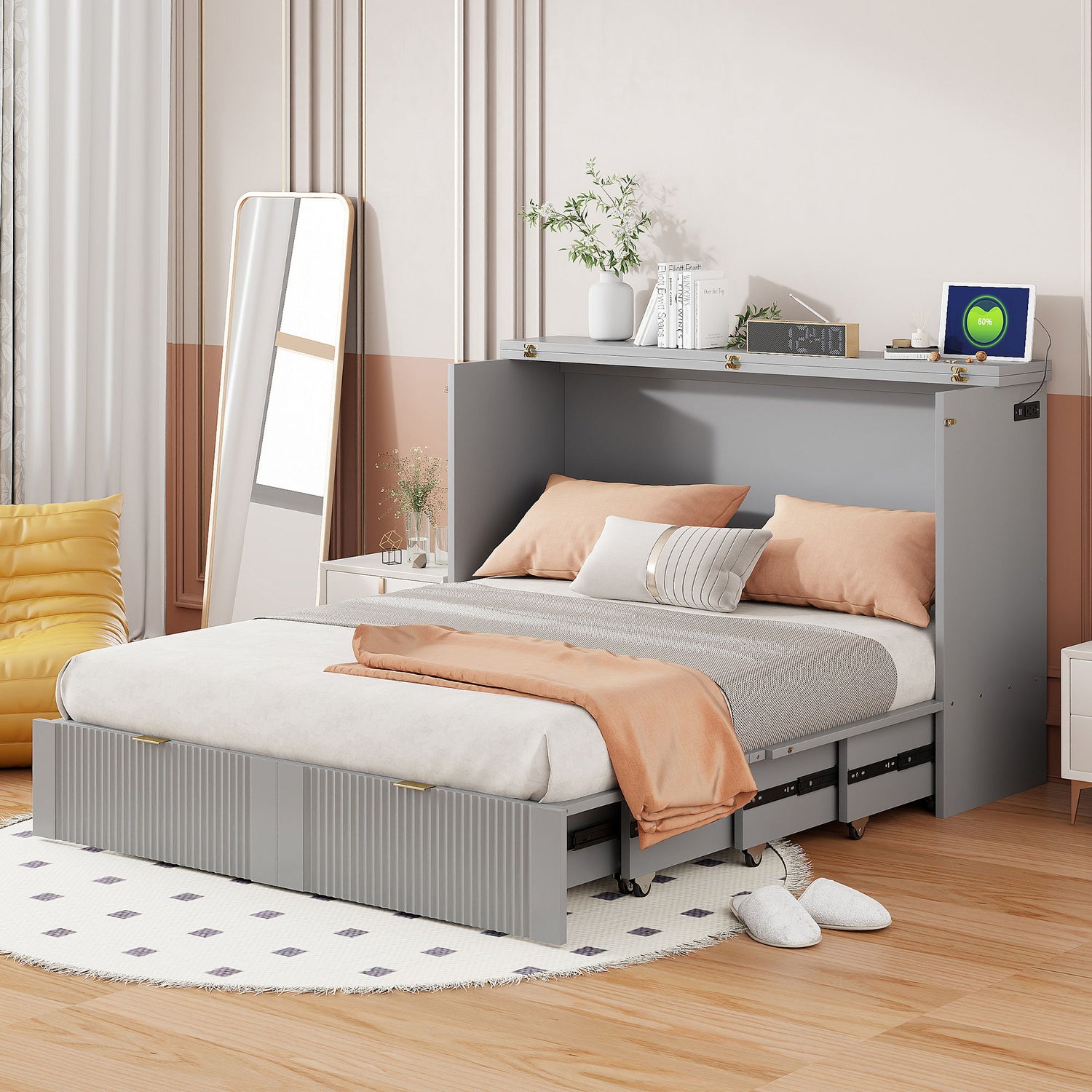 Murphy Bed With Drawer And A Set Of Sockets &amp; USB Ports, Pulley Structure Design
