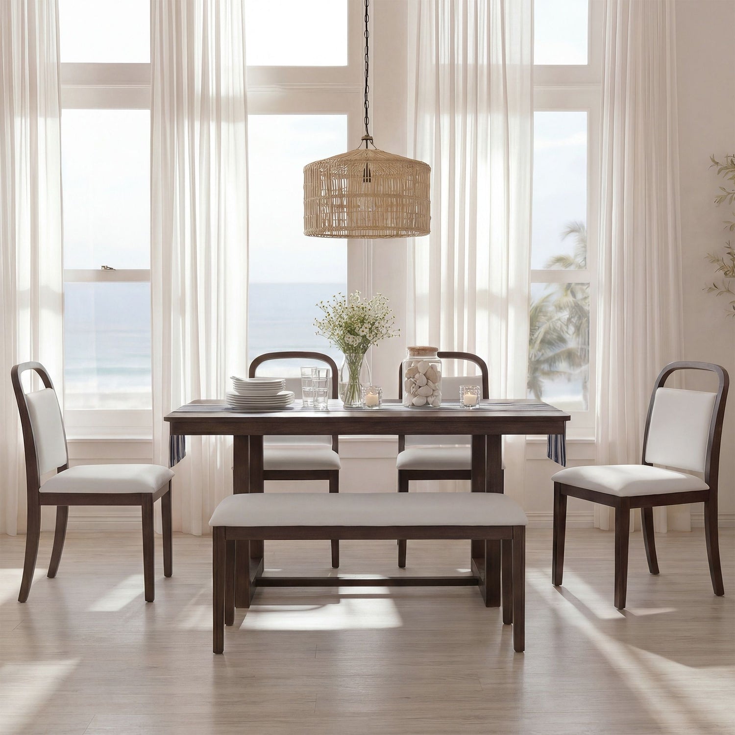 Farmhouse Dining Set With 4 Upholstered Chairs &amp; 1 Bench
