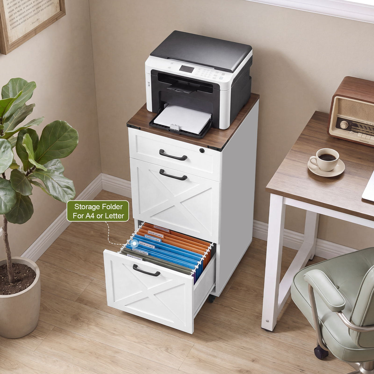 3 Drawer File Cabinet With Wheels, Vertical Rolling Storage For Letter / A4, Printer Stand &amp; Mobile Organizer For Home Office - White