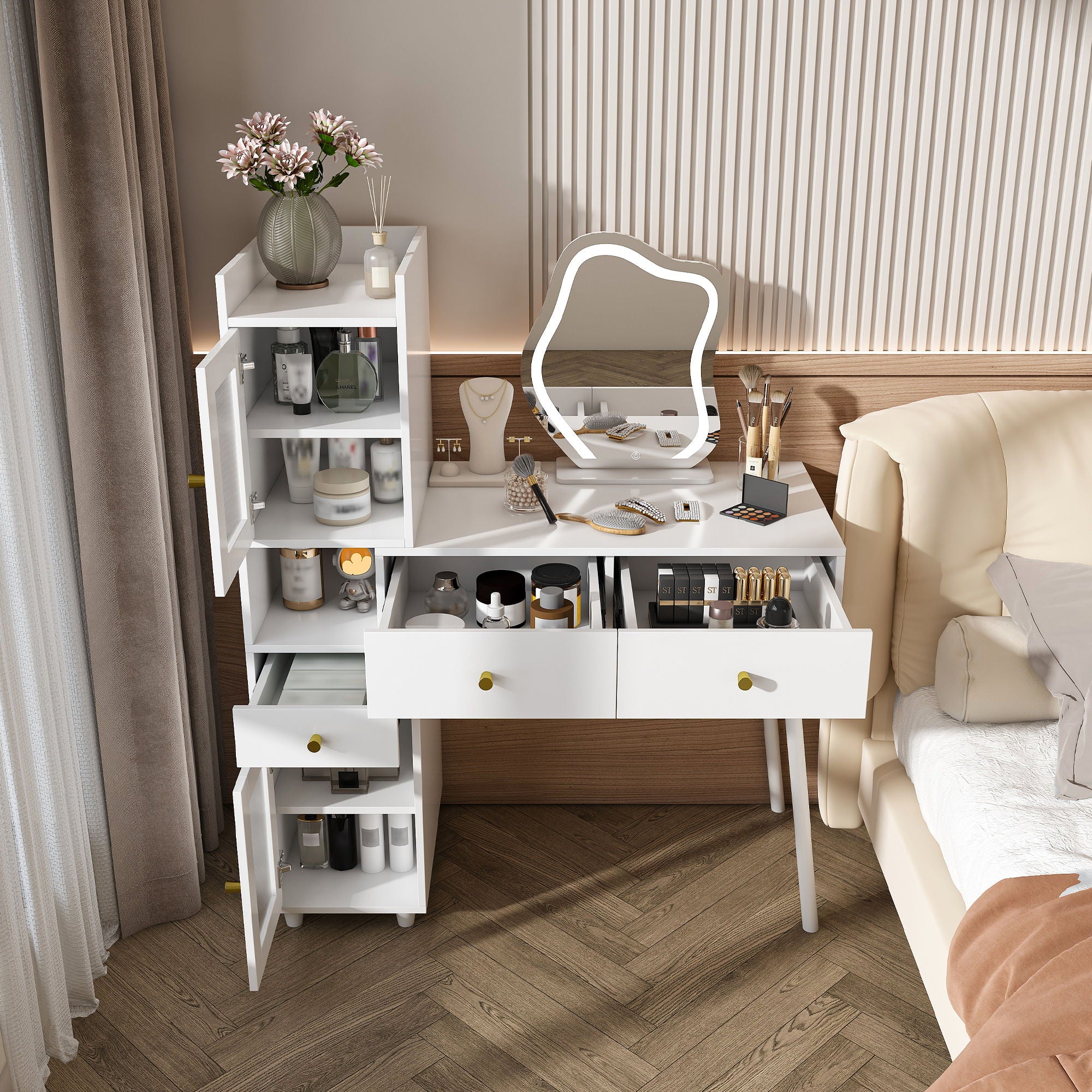 Vanity Dressing Table With LED Mirror &amp; Storage Makeup Desk With 3 Drawers, 2 Open Shelves &amp; 4 Hidden Cabinets - White