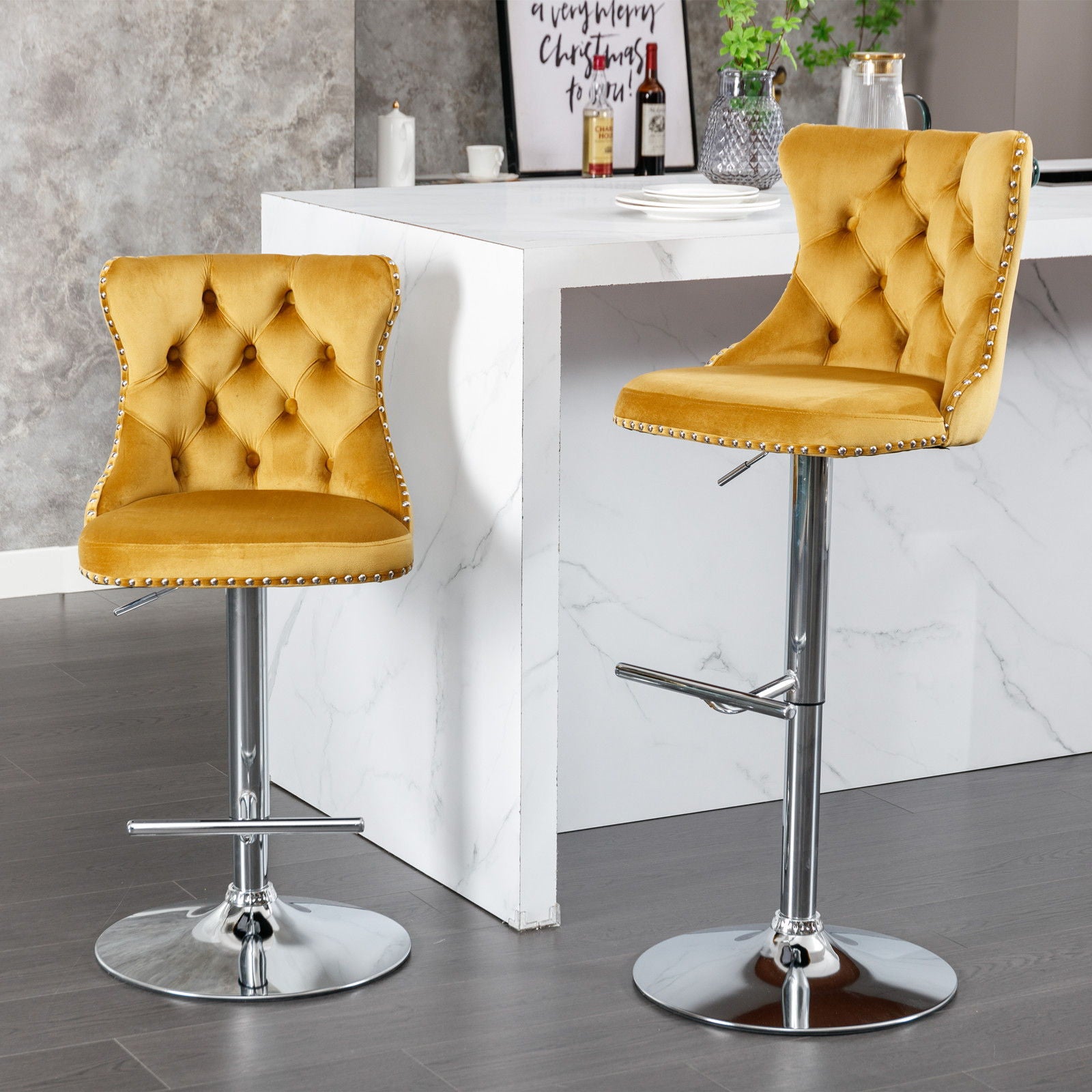 Swivel Velvet Barstools Adjusatble Seat Height From 25-33&quot;, Modern Upholstered Chrome Base Bar Stools With Backs Comfortable Tufted For Home Pub And Kitchen Island (Set of 2)