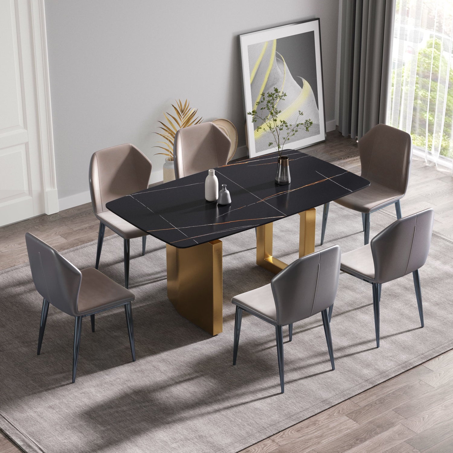 63&quot; Artificial Stone Curved Golden Metal Leg Dining Table, 6 People - Black / Gold