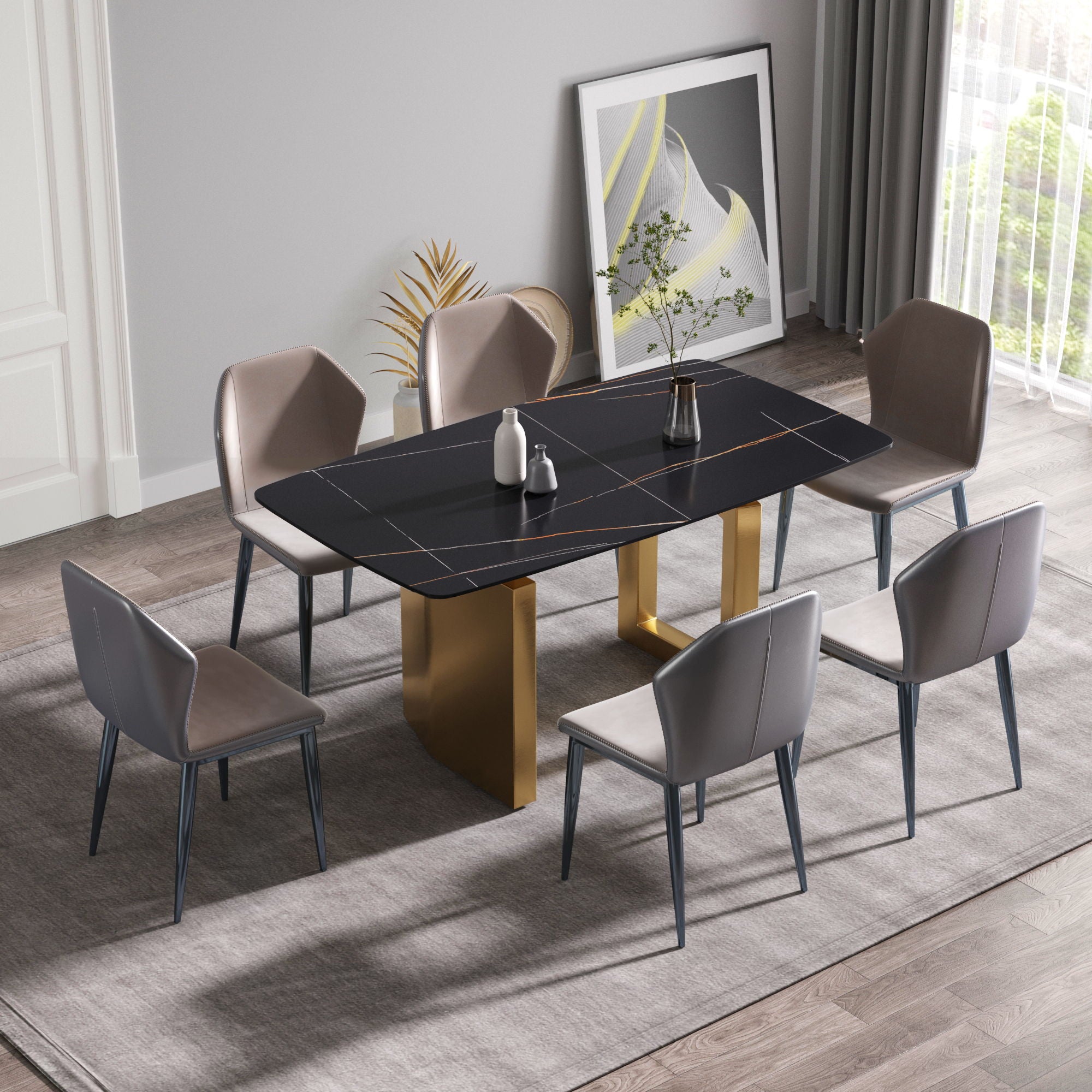 63&quot; Artificial Stone Curved Golden Metal Leg Dining Table, 6 People - Black / Gold