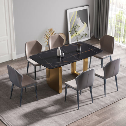 63&quot; Artificial Stone Curved Golden Metal Leg Dining Table, 6 People - Black / Gold