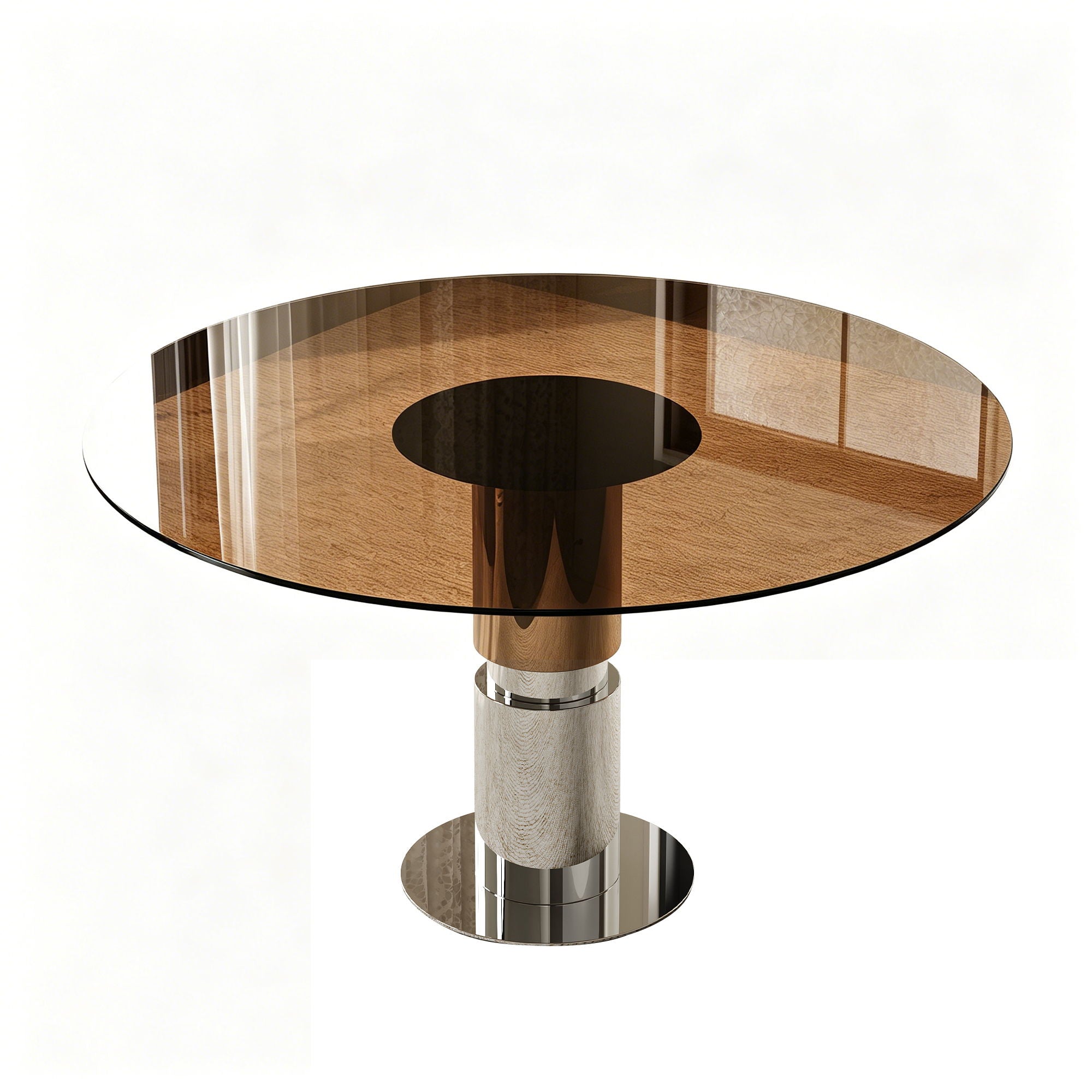 Round Dining Table &amp; Tempered Glass Top - Brown