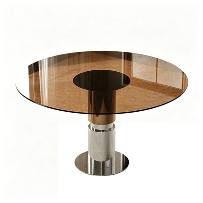 Round Dining Table &amp; Tempered Glass Top - Brown