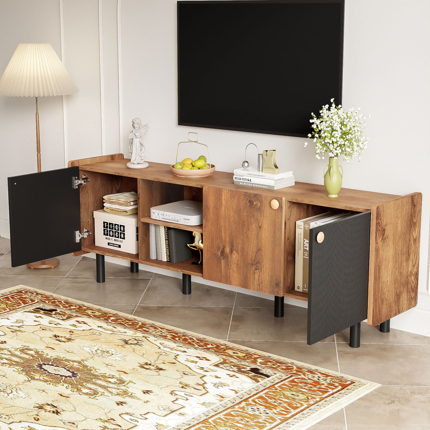 Mid Century TV Stand &amp; 3 Cabinets, Media Console Table For Tvs Up To 70&