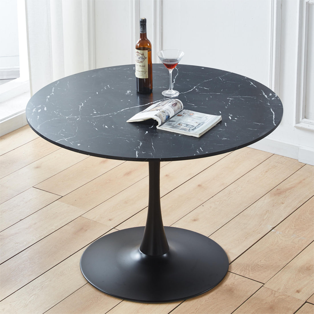 42.1&quot; Tulip Table Mid-Century Dining Table For 4-6 People With Round MDF Table Top, Pedestal Dining Table, End Table Leisure Coffee Table - Black