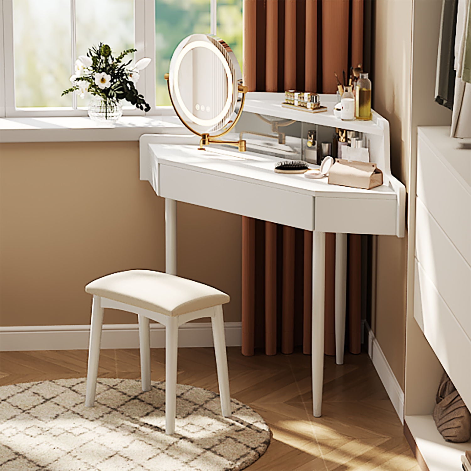 Modern Corner Makeup Vanity Desk With Large Storage, LED Mirror &amp; Stool, Adjustable Brightness, Space Saving - White