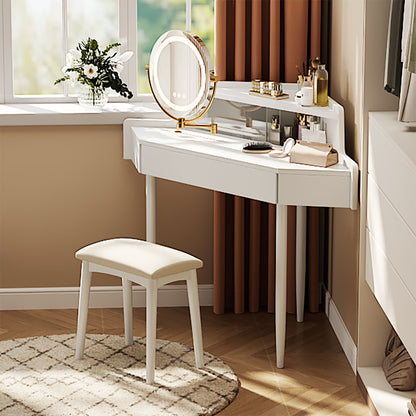 Modern Corner Makeup Vanity Desk With Large Storage, LED Mirror &amp; Stool, Adjustable Brightness, Space Saving - White