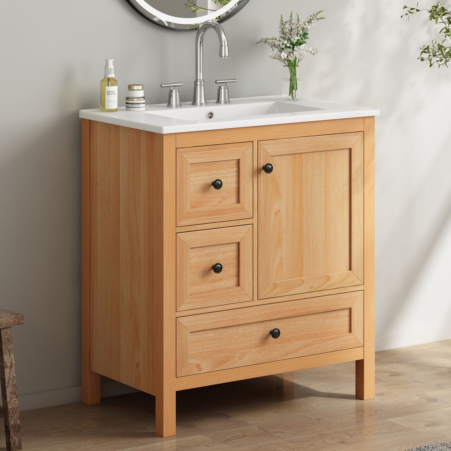 Modern Bathroom Vanity With Sink, Soft Close Drawers &amp; Door, Storage Rack