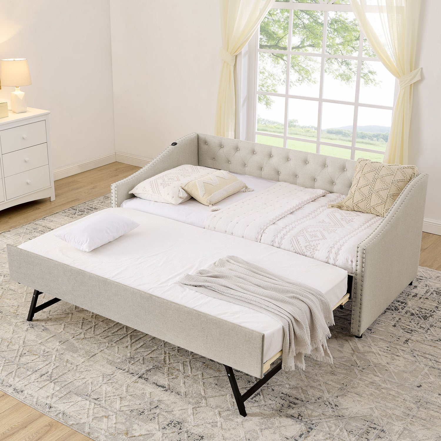 Upholstered Daybed With USB Charging &amp; Pull Out Bed