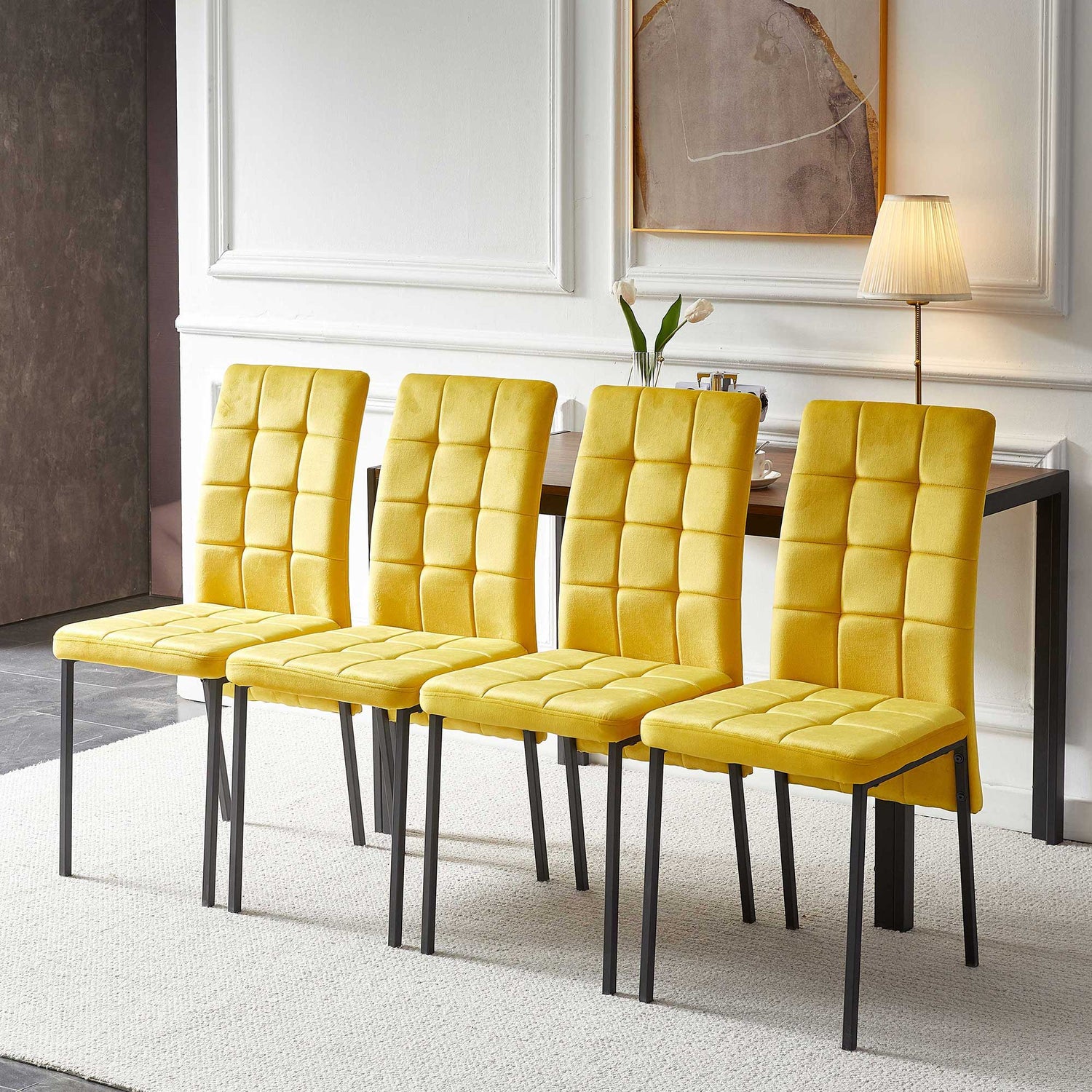 5 Piece Dining Set Including Velvet High Back Nordic Dining Chair &amp; Creative Design Dining Table