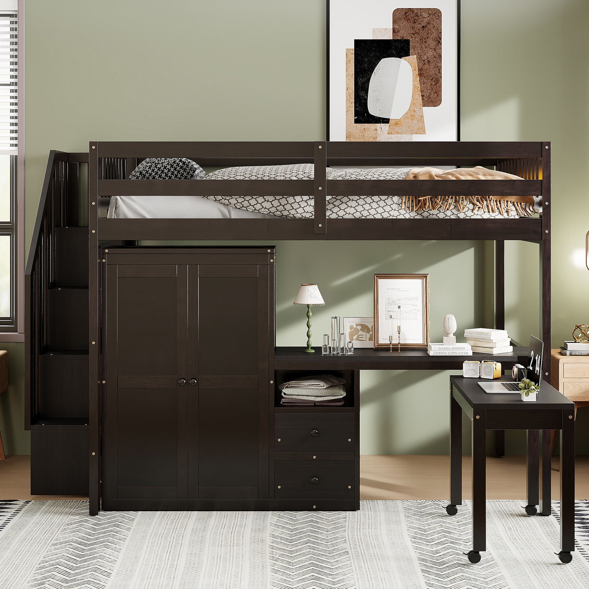 Loft Bed With Stairs, Bookshelf, Drawers, Desk &amp; Wardrobe, Space Saving Multifunctional Furniture