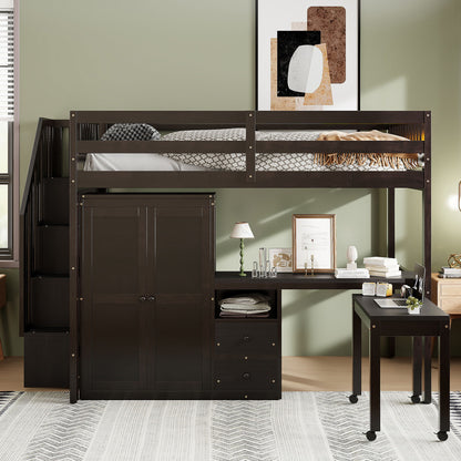 Loft Bed With Stairs, Bookshelf, Drawers, Desk &amp; Wardrobe, Space Saving Multifunctional Furniture