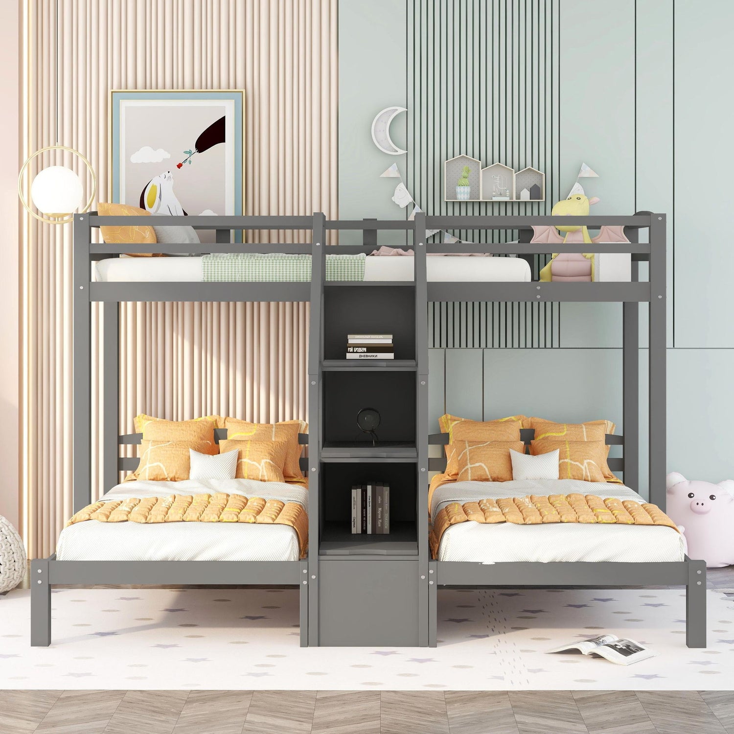 Twin Over Twin &amp; Twin Bunk Bed With Built In Staircase And Storage Drawer - Gray