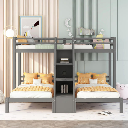 Twin Over Twin &amp; Twin Bunk Bed With Built In Staircase And Storage Drawer - Gray