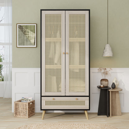 Tall Armoire Wardrobe Closet With 2 Rattan Doors &amp; 1 Drawer, Boho Clothes Storage Cabinet With Hanging Rod For Bedroom - Natural / Black