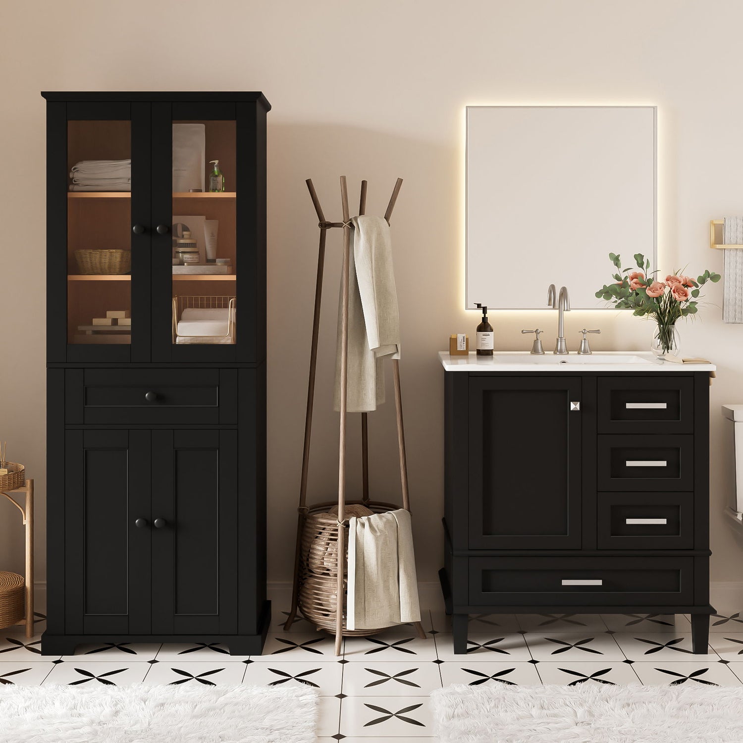 Bathroom Vanity &amp; Tall Storage Cabinet Set With Doors, Adjustable Shelves, Soft Close Hinges, Sink