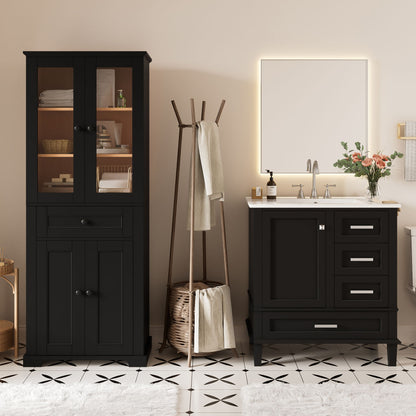 Bathroom Vanity &amp; Tall Storage Cabinet Set With Doors, Adjustable Shelves, Soft Close Hinges, Sink