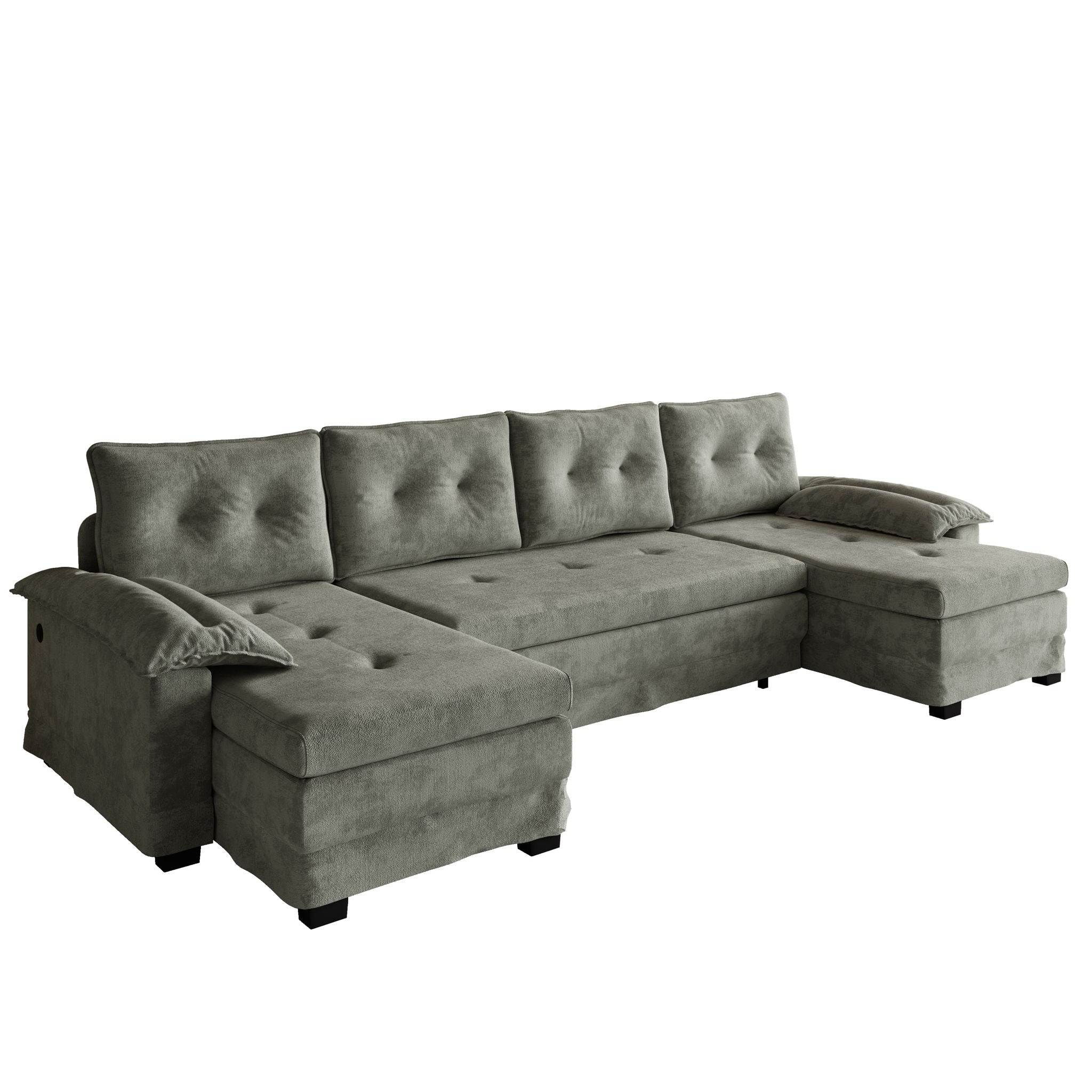 U-Shaped Sleeper Sofa With Pull Out Bed, Removable Armrests &amp; USB Ports For Living Room