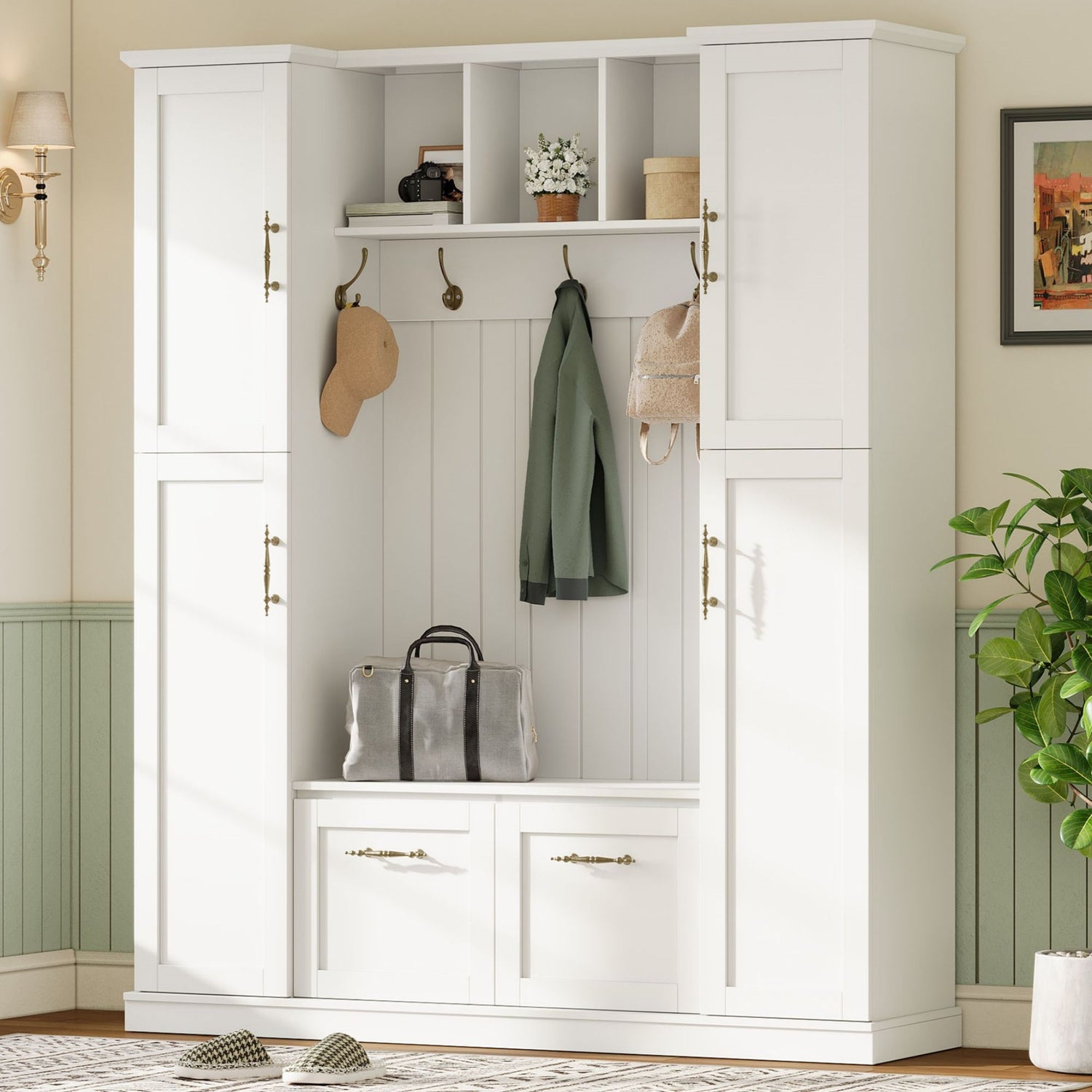 Hall Tree With 4 Side Cabinets