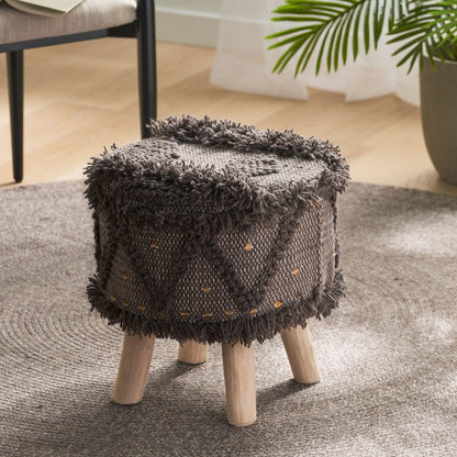 Roja - Handcrafted Wool &amp; Cotton Foot Stool With Eucalyptus Wood Frame - Dark Brown