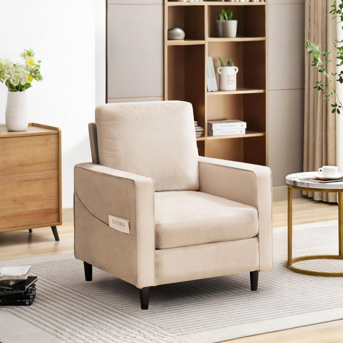 Mid-Century Accent Chair, Modern Linen Armchair For Living Room, Double Side Pockets,, Comfortable And Padded Reading Feature Sofa Chair, Suitable For Bedrooms, Living Rooms, And Offices - Beige