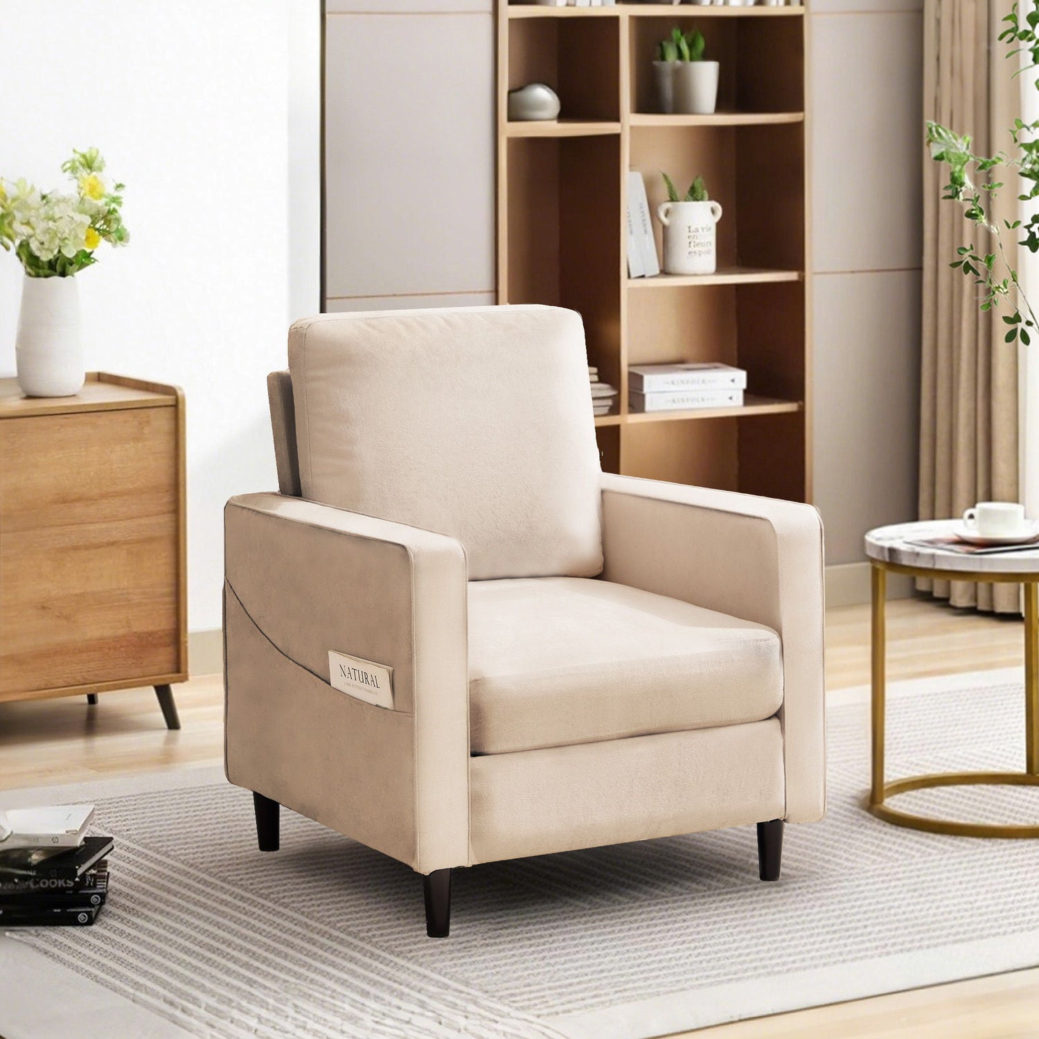 Mid-Century Accent Chair, Modern Linen Armchair For Living Room, Double Side Pockets,, Comfortable And Padded Reading Feature Sofa Chair, Suitable For Bedrooms, Living Rooms, And Offices - Beige